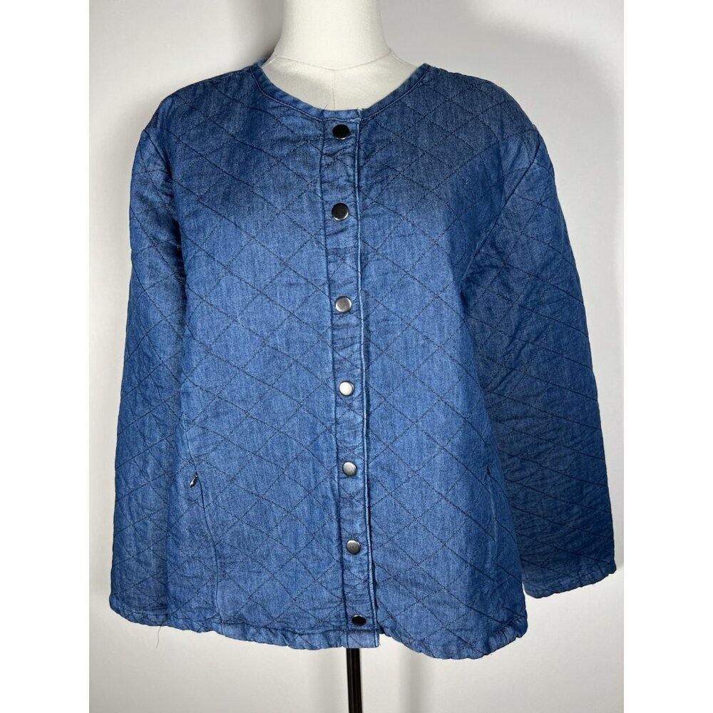 Vermont Country Store Y2K denim quilted preppy crewneck full zip jacket L retro